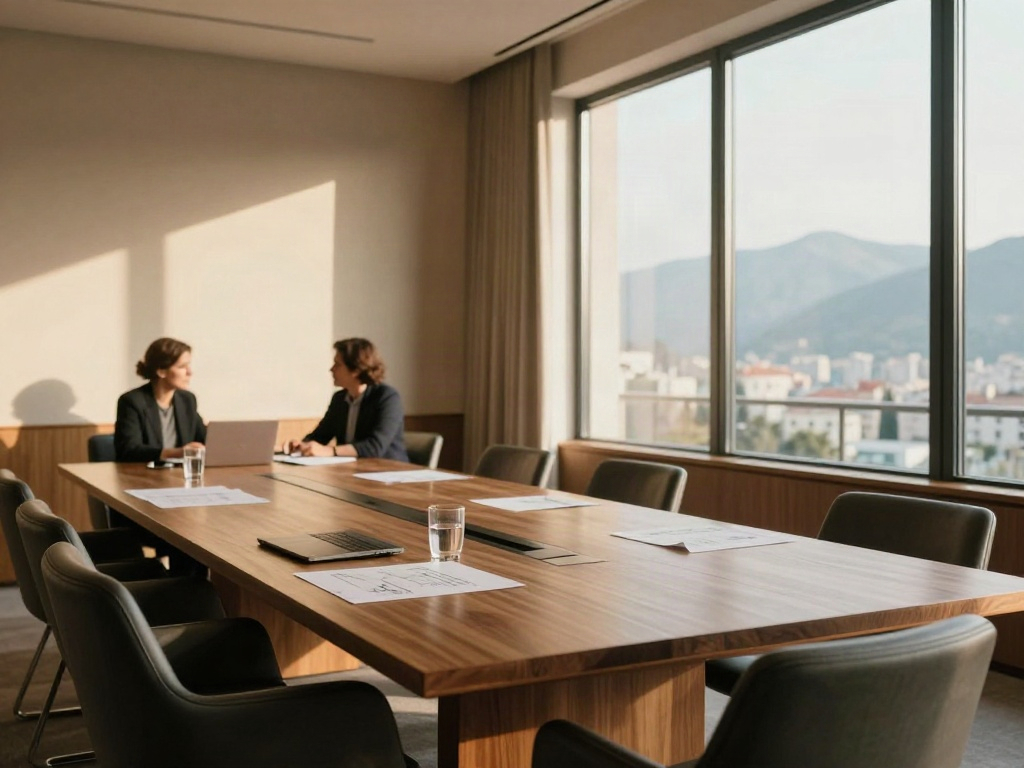 Sunlit walnut boardroom with consultants in a focused strategy discussion